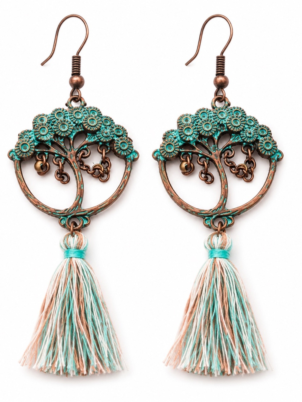 Turquoise Patina Tree of Life Tassel Earrings Copper Tone Boho Dangle